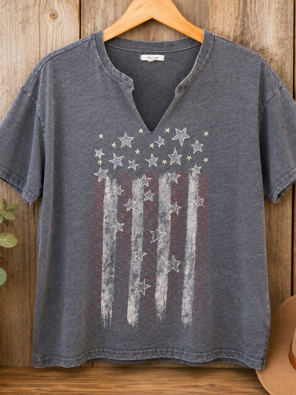 Maurices Gray American Flag Graphic Tee Medium Patriotic Rhinestone Top